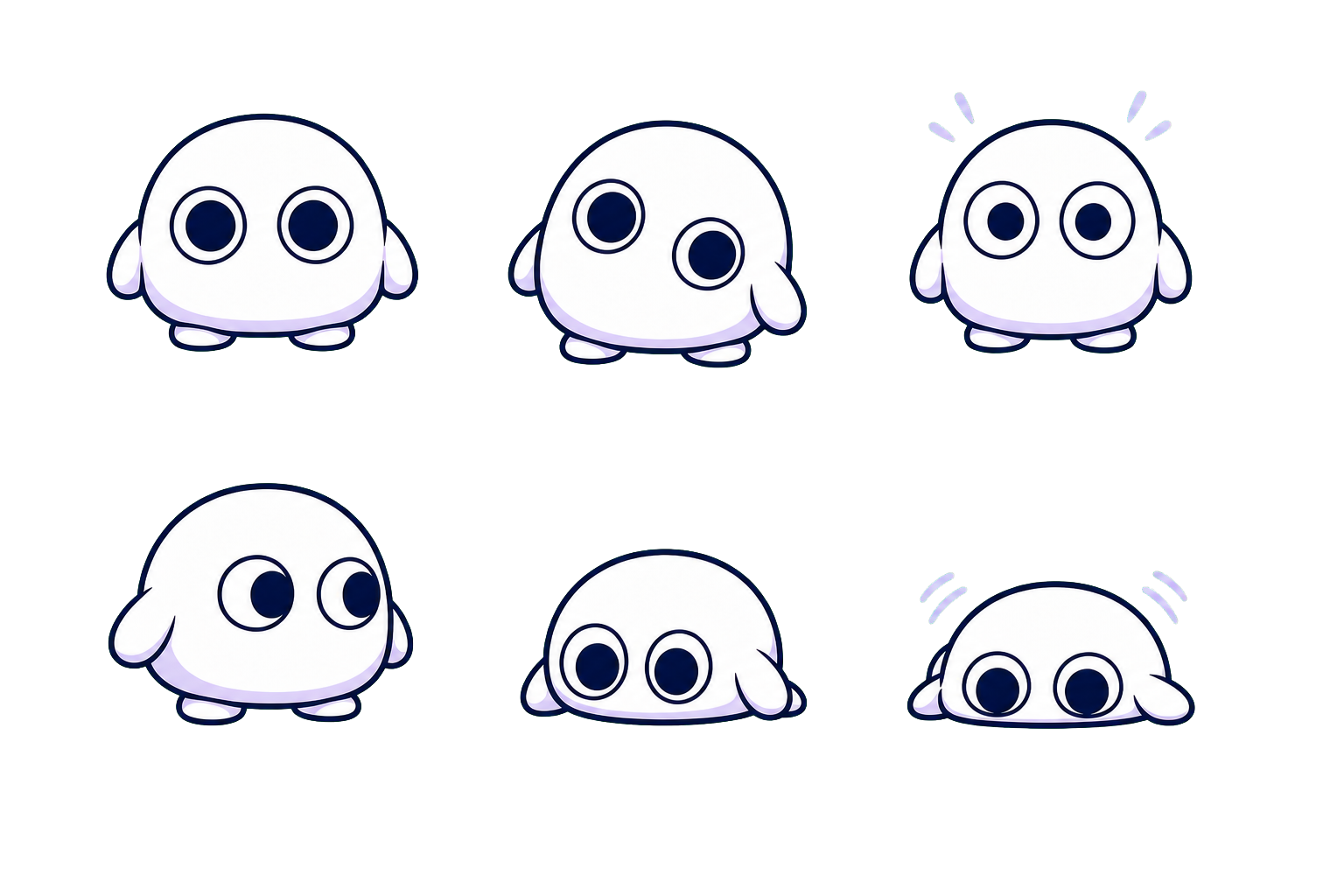 Six transparent-background Jiitto expressions and poses: neutral, curious, surprised, doubtful, focused, and bouncing